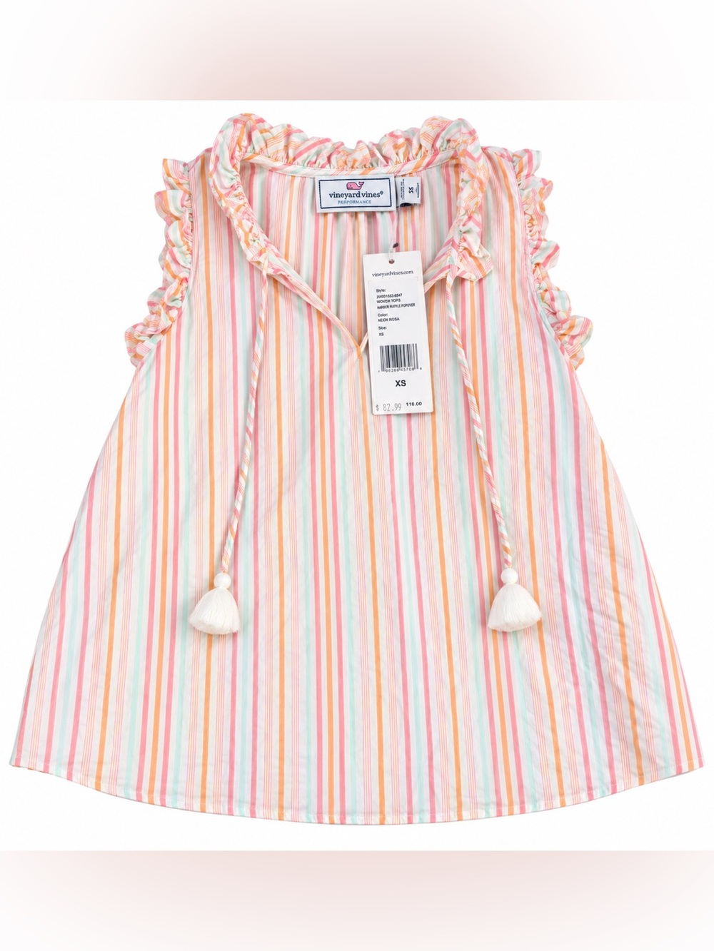 NWT Vineyard Vines Harbor Ruffle Popover Top Women XS Neon Rosa Striped Tassel